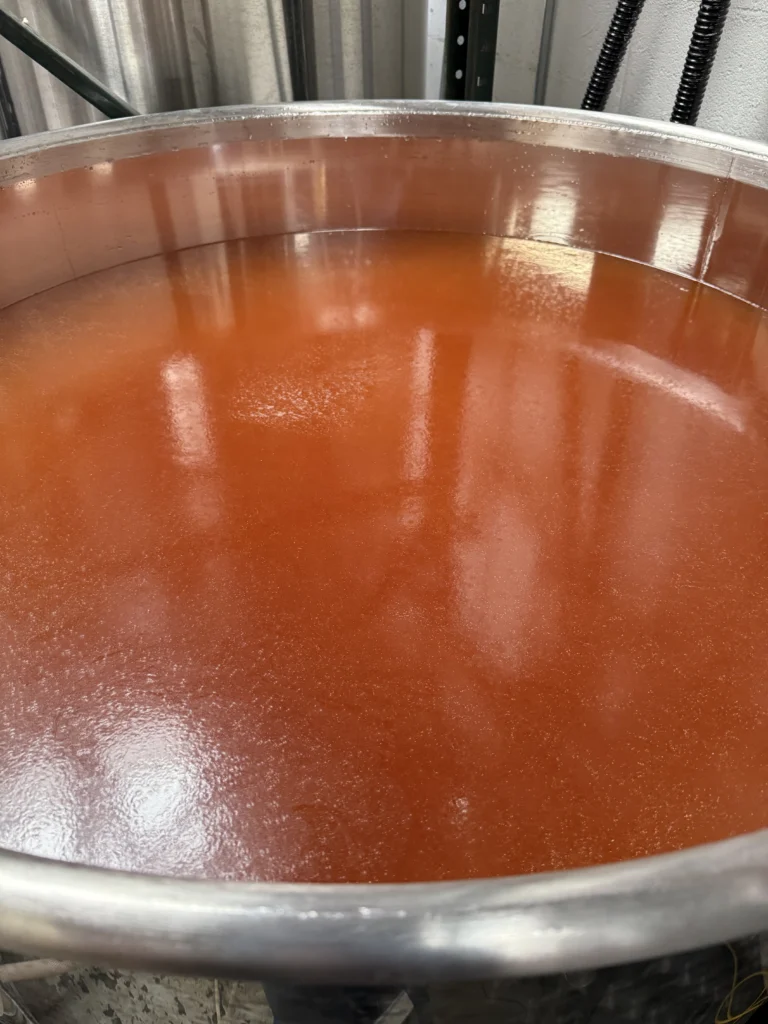 Looking down into a stainless steel tank filled with cloudy amber cider.