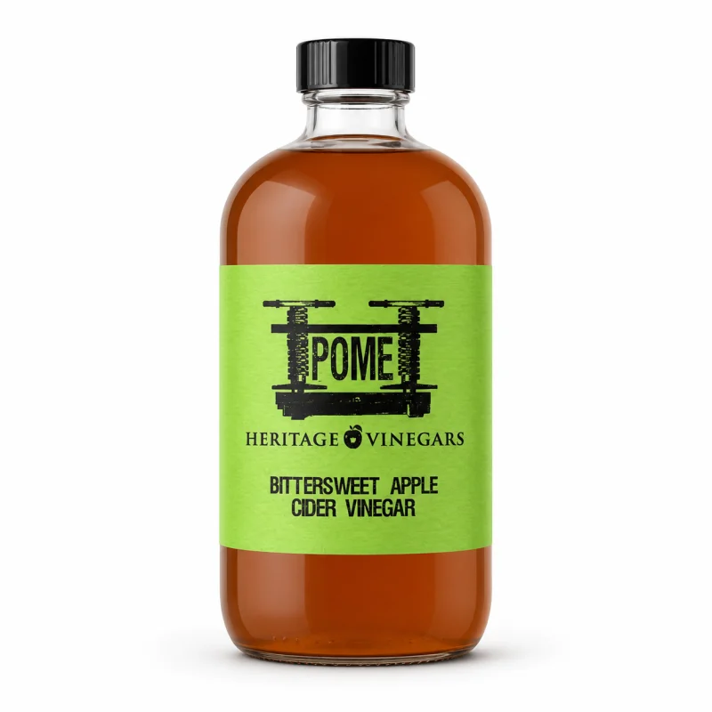 POME Bittersweet Apple Cider Vinegar in a clear Boston round bottle with a green label.